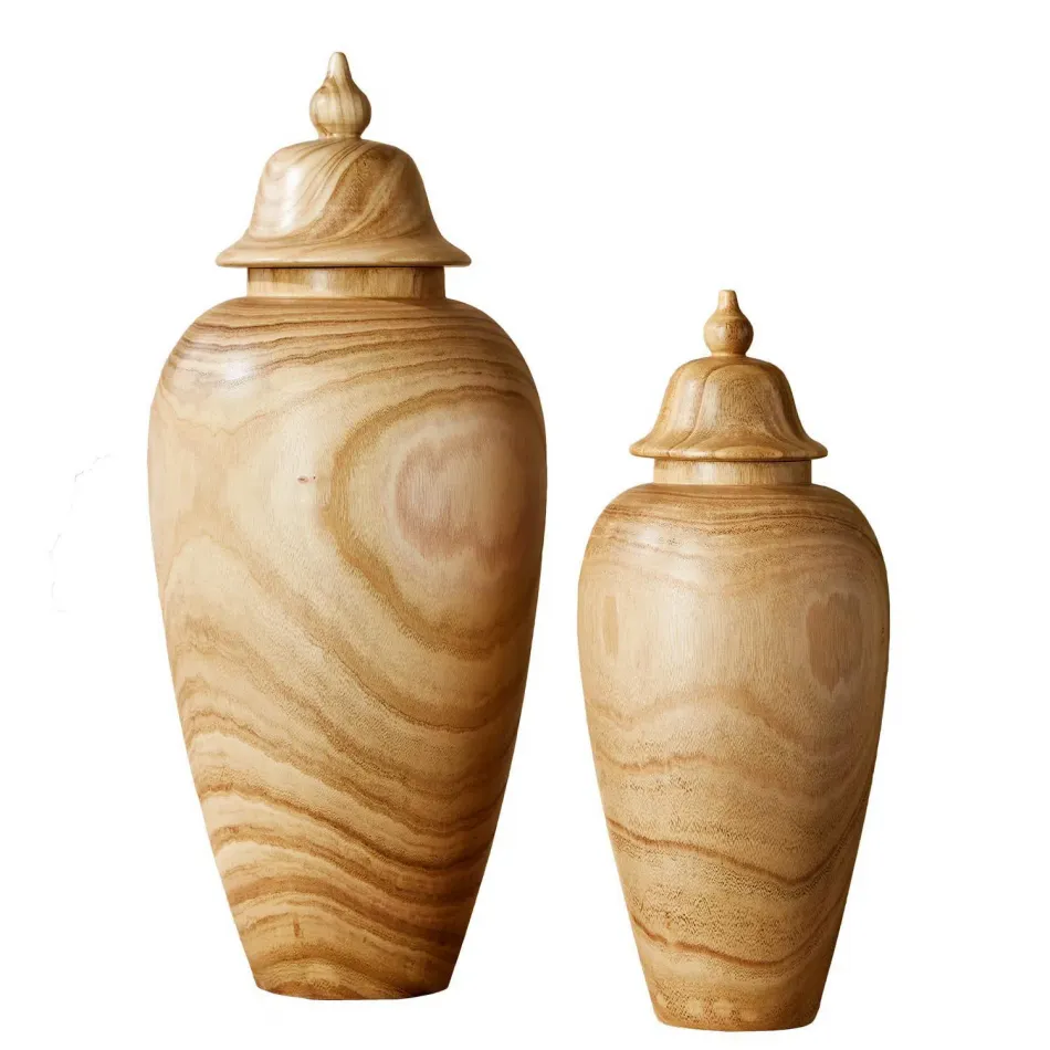 Set of 2 Covered Temple Jars Paulownia Wood