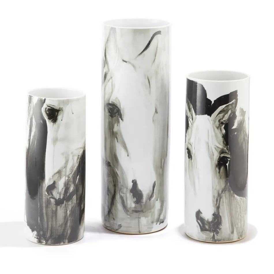 White Horses Set of 3 Tall Cylinder Vases Porcelain