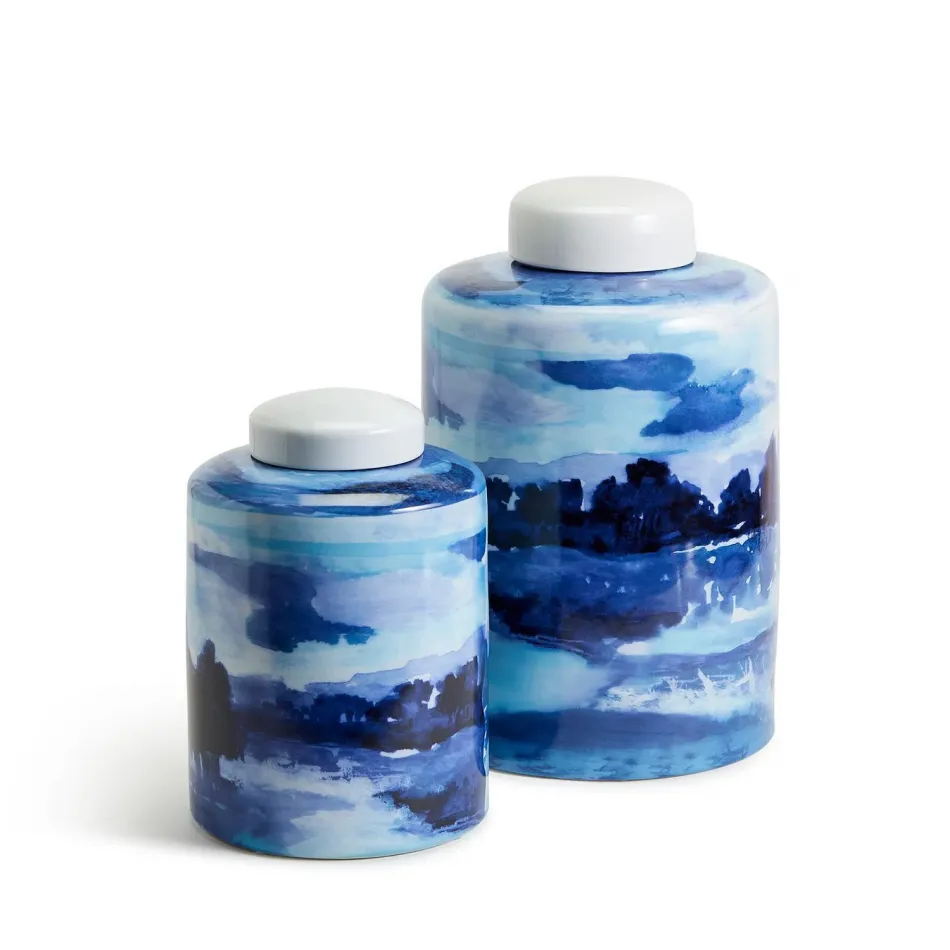 Landscapes Set of 2 Blue and White Covered Tea Jars Porcelain