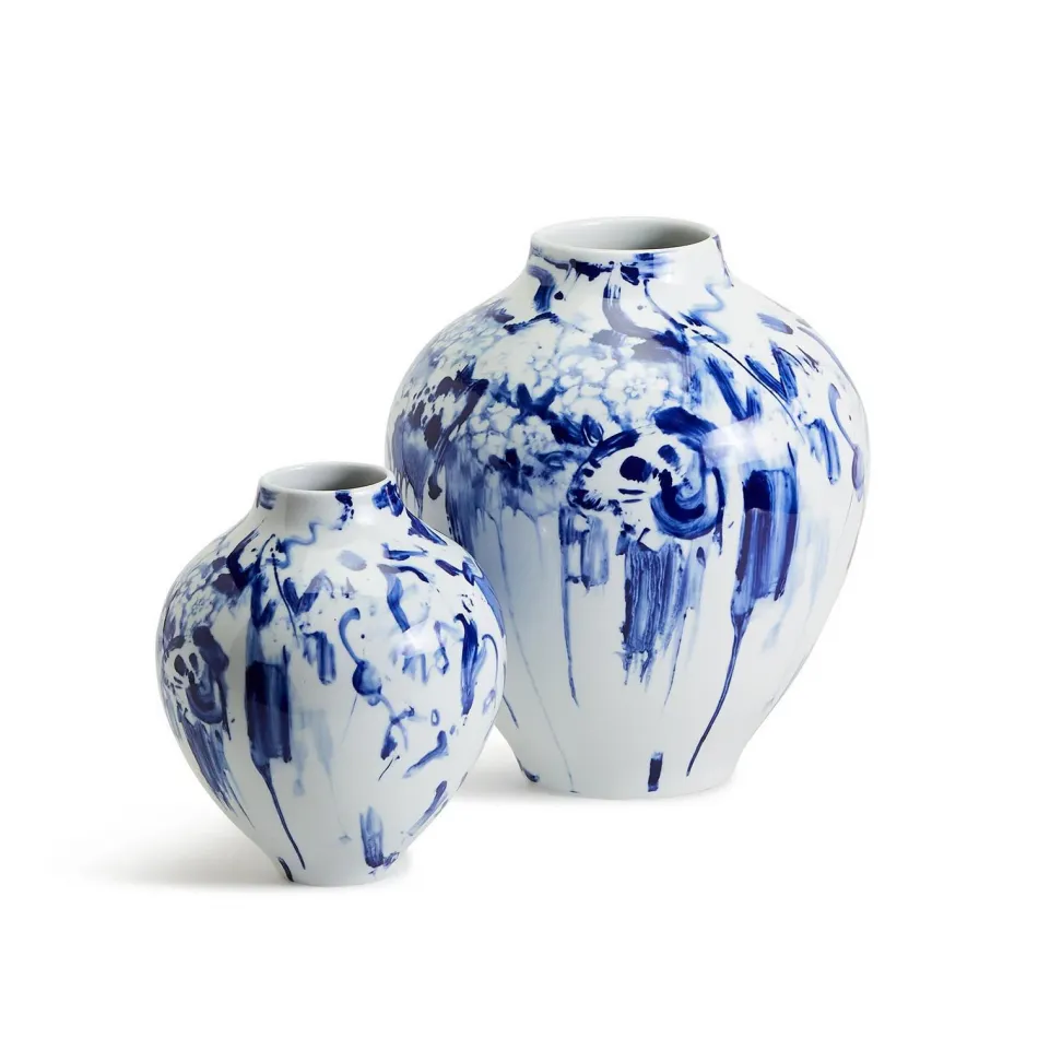 Canvas Set of 2 Abstract Hand Painted Blue and White Vases Porcelain