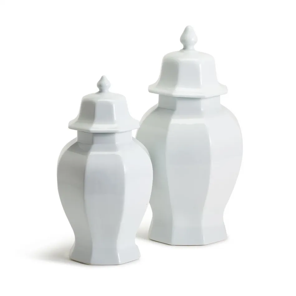 Conservatory Set of 2 White Hexagonal Temple Jars with Lid Porcelain