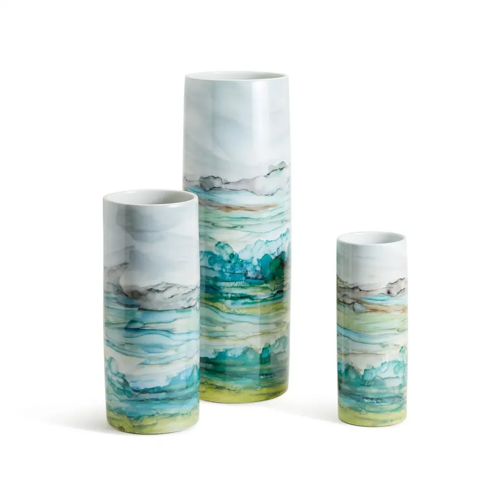 Aqua Sea and Landscape Set of 3 Tall Cylinder Vases Porcelain