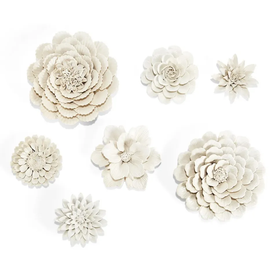 White Porcelain Garden Set of 7 Flower Wall Sculptures Porcelain