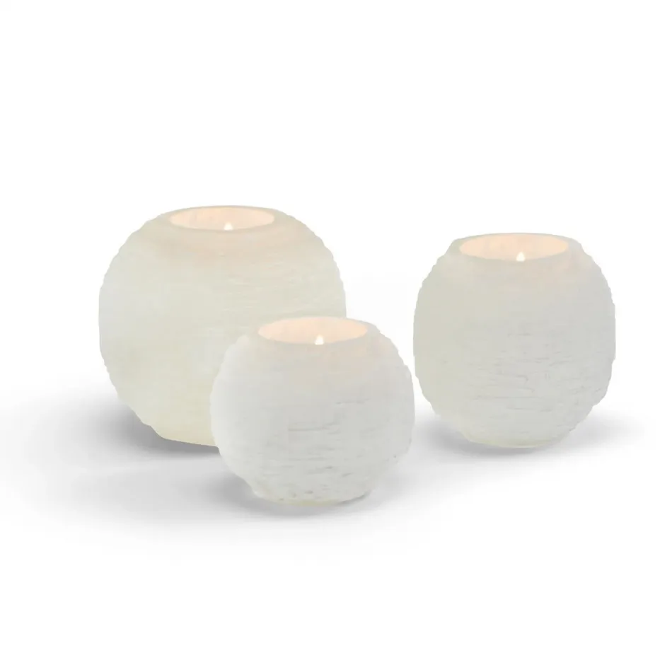 Glaciers Set of 3 Selenite Crystal Sphere Candle Holder Genuine Selenite