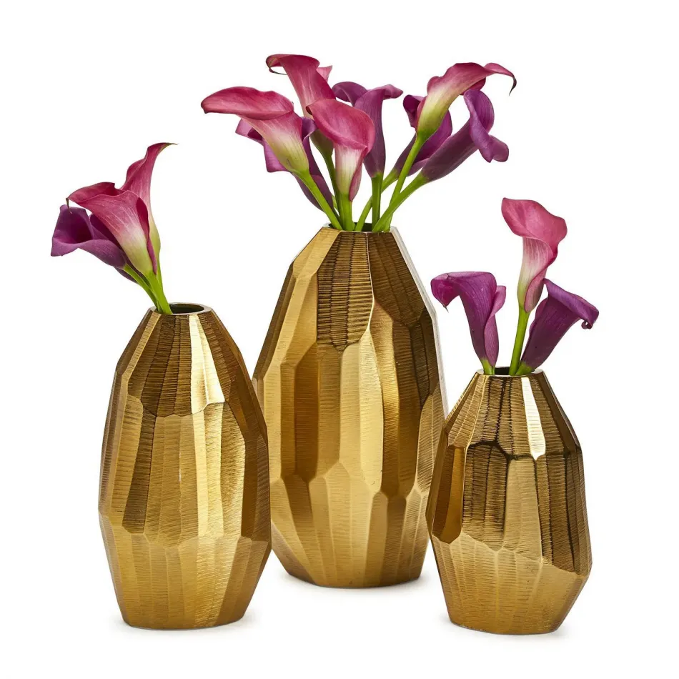 Golden Trapezoids Set of 3 Hand Etched Vase Recycled Aluminum