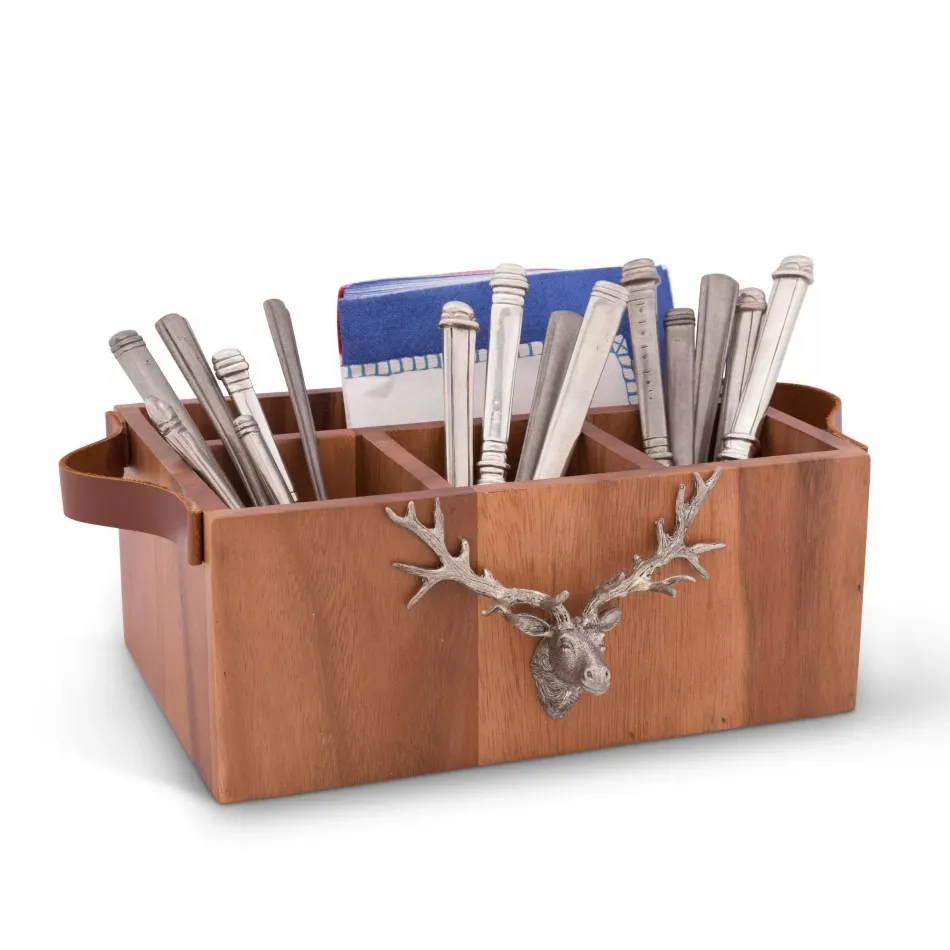 Lodge Style Elk Head Handles Wood Flatware Caddy