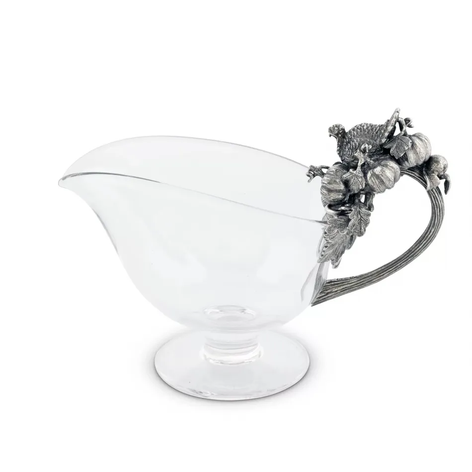 Harvest Hand Blown Glass Gravy Boat Pewter Turkey