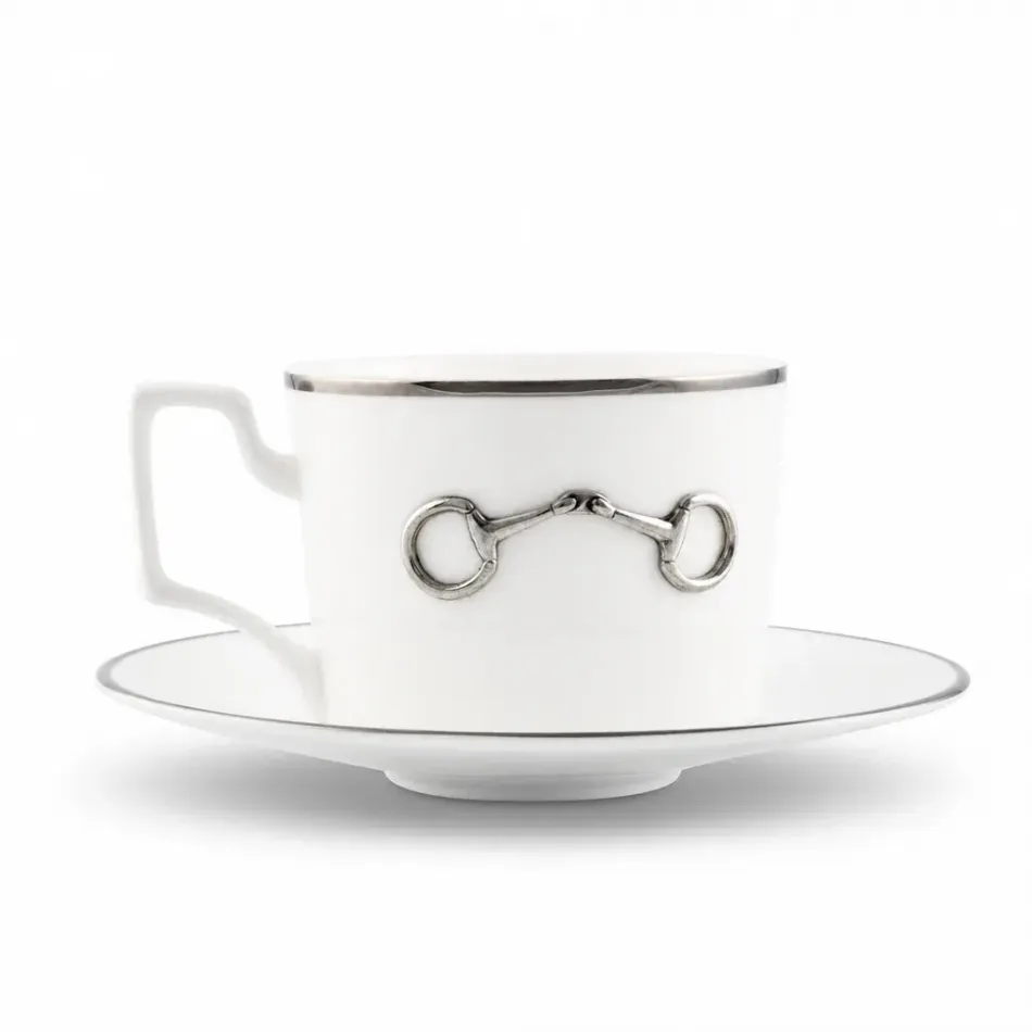 Pewter Bit Platinum Rim Bone China Cup and Saucer