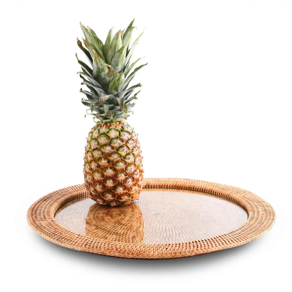 Wicker Rattan Serving Tray Round Glass Insert 19 inch