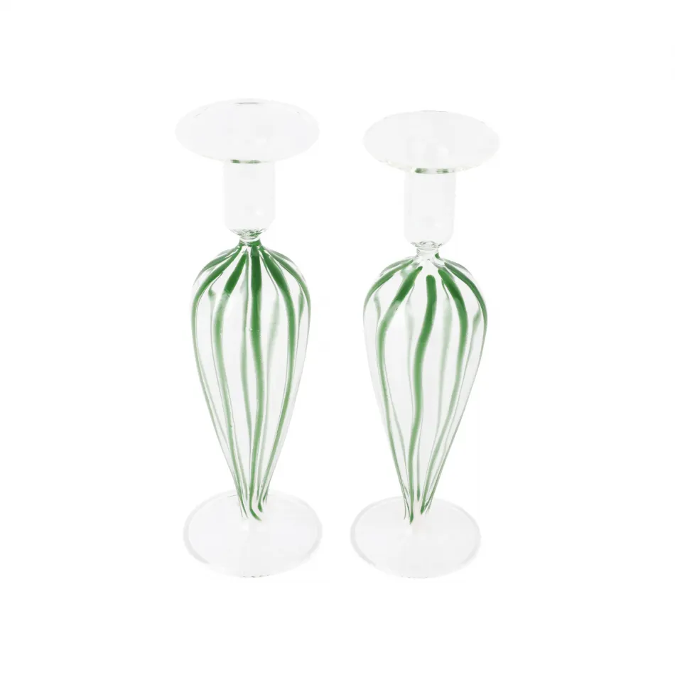 Nuovo Stripe Green Candlesticks - Set of 2 3"D, 9.5"H