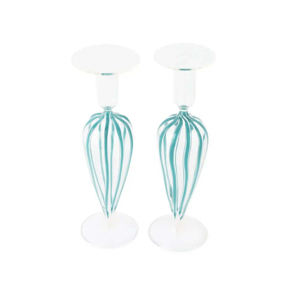 Nuovo Stripe Teal Candlesticks - Set of 2 3"D, 9.5"H