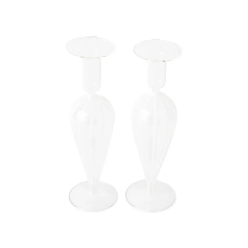 Nuovo Stripe White Candlesticks - Set of 2 3"D, 9.5"H