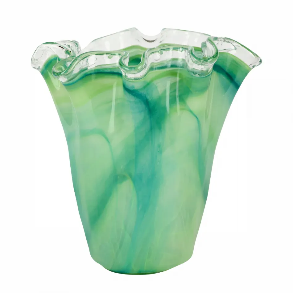 Onda Glass Green Ruffled Vase 13"L, 10"W, 14"H, 192 oz