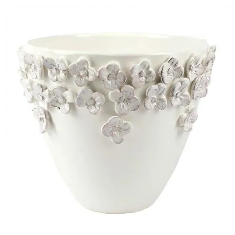 Rustic Garden White Flower Medium Cachepot 10"D, 8.5"H