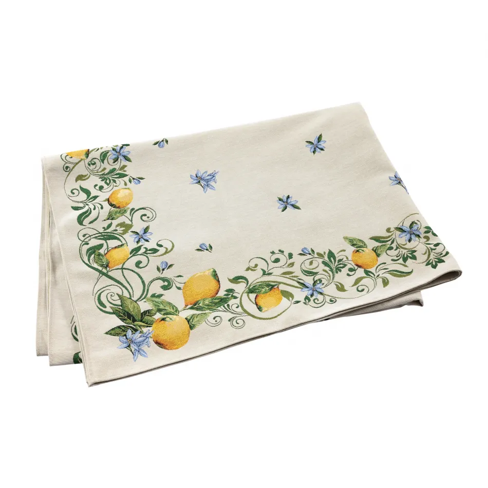 Tavola Lemons with Blue Flowers Tablecloth 102"L, 63"W