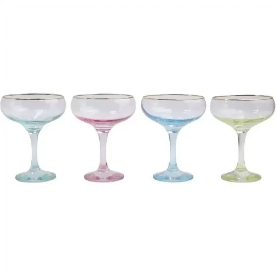 Rainbow Assorted Coupe Champagne Glasses - Set of 4 5.25"H, 6 oz