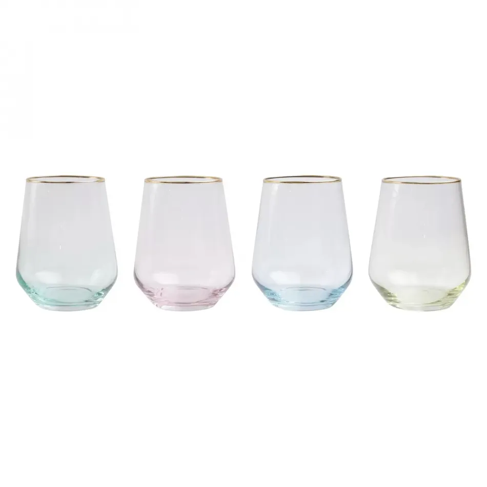 Rainbow Assorted Stemless Wine Glasses - Set of 4 4.25"H, 14 oz