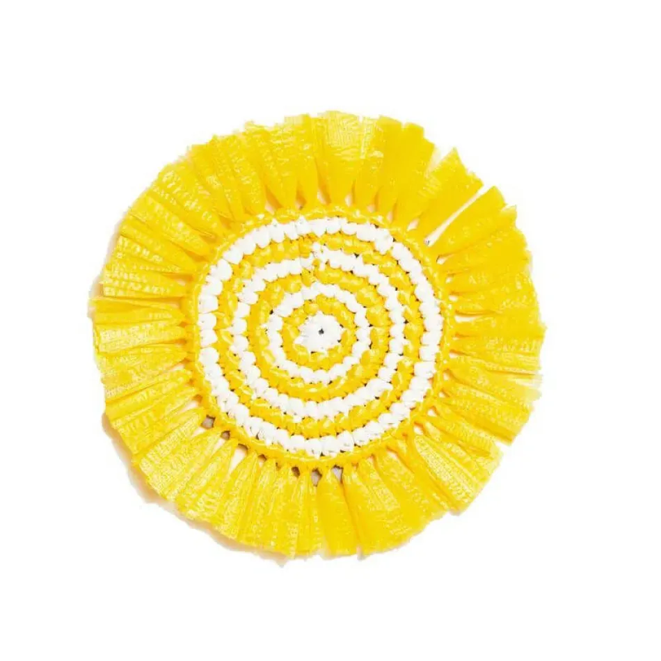 Woven Fringe Yellow/White 5.5" Round Coasters, Set Of 4