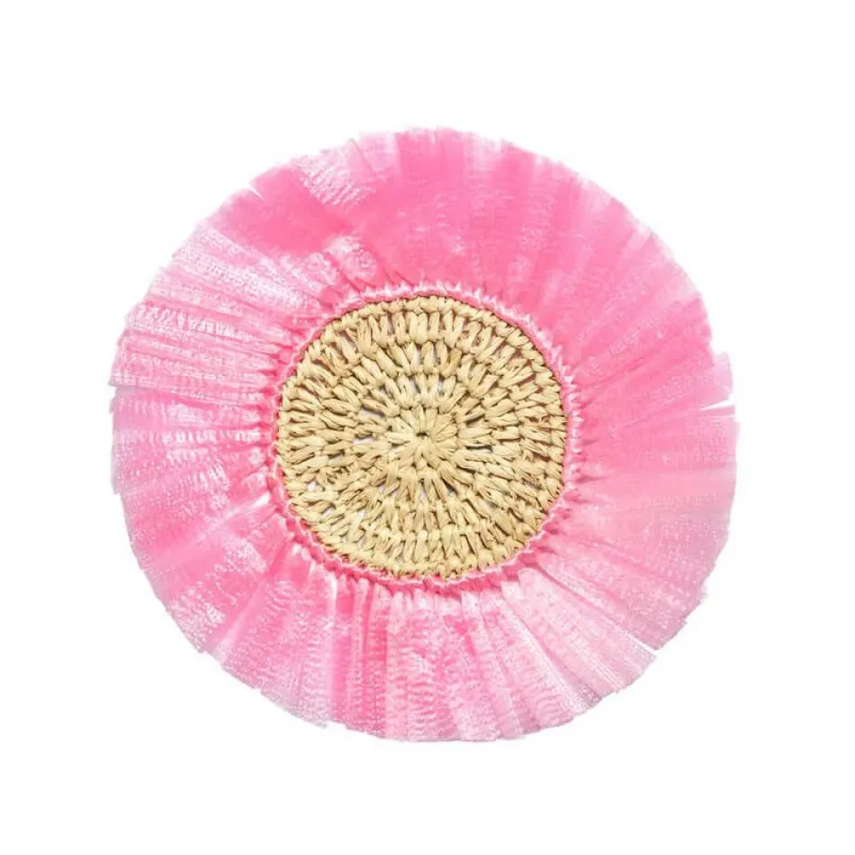 Woven Rattan Fringe Pink Rattan 5.5" Round Coasters, Set Of 4