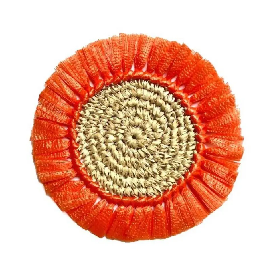 Woven Rattan Fringe Orange Rattan 5.5" Round Coasters, Set Of 4