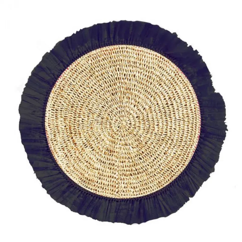 Woven Rattan Fringes Black Rattan 16" Round Placemat