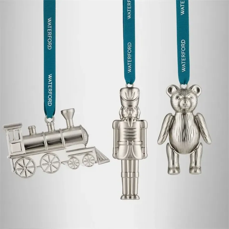 Christmas Metal Steam Train Teddy & Nutcracker Silver Ornament Set Of 3