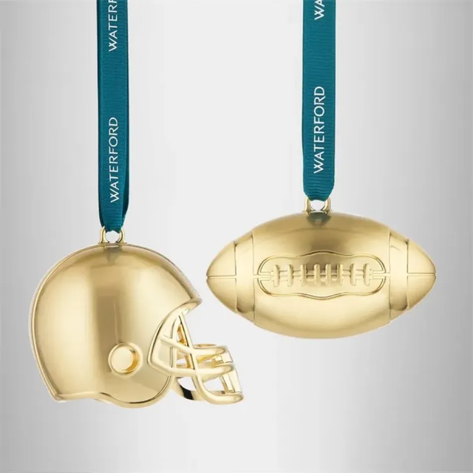 Christmas Metal Football & Football Helmet Golden Ornament Set Of 2