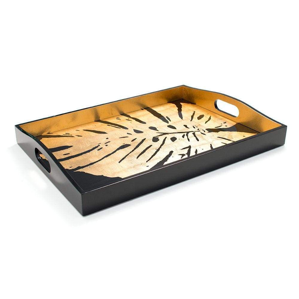 Caspari Palm Leaves Lacquer Large Rectangle Tray Black & Gold