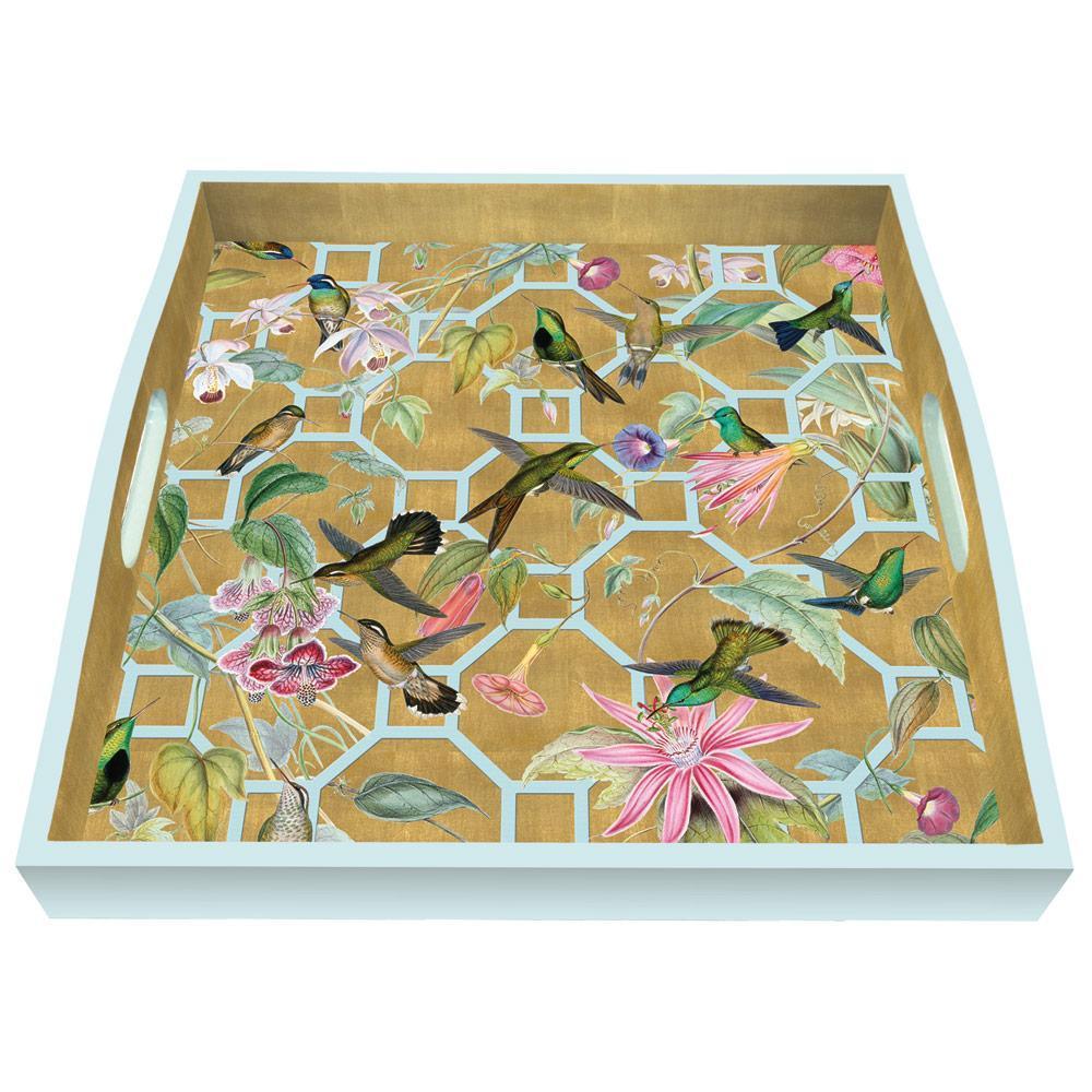 Caspari Hummingbird Trellis Lacquer Square Tray Ivory Gracious Style