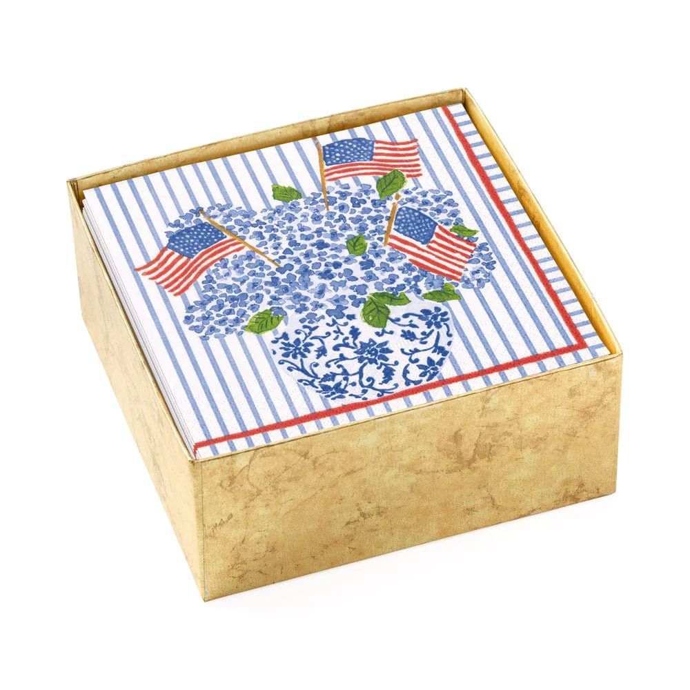 Caspari Flags And Hydrangeas Cocktail Napkin Box Gracious Style