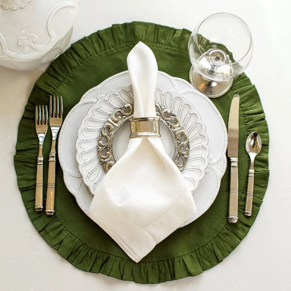 Crown Linen Designs Round Ruffle Placemat Linen Evergreen Gracious Style