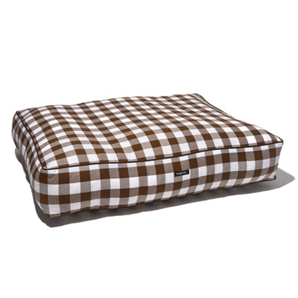The Gingham Check dog bed is available in brown, red or navy.