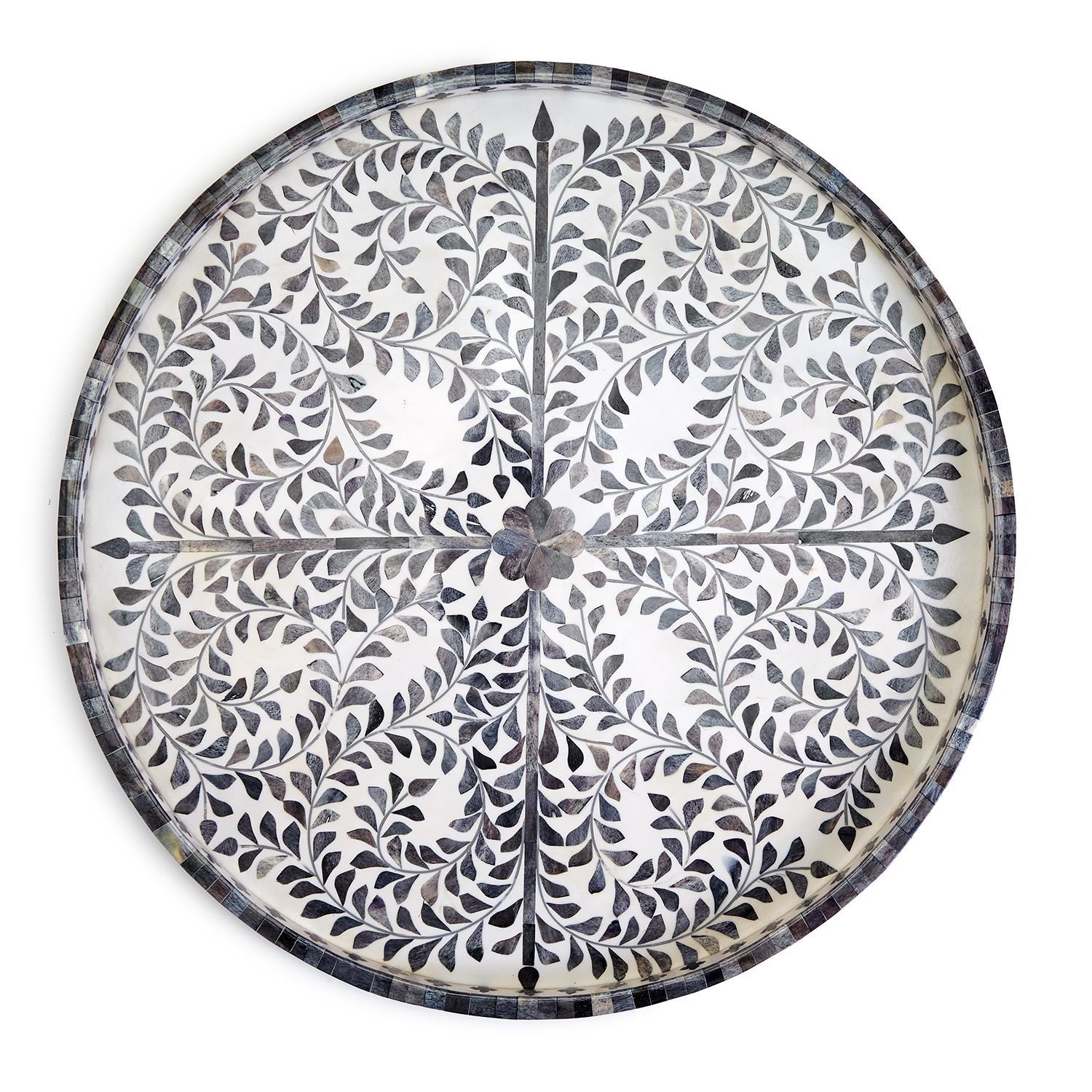 Tozai Jaipur Palace Gray And White Inlaid Decorative Round Serving Tray   HHB003 