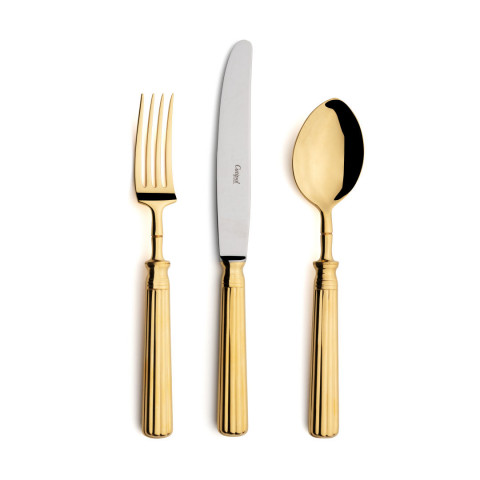 Cutipol Line Polished Gold 75 Pc Set Special Order 12x Dinner Knives Dinner Forks Table Spoons Coffee Tea Spoons Dessert Knives Dessert Forks 1x Soup Ladle Serving Spoon Serving Fork Gracious Style