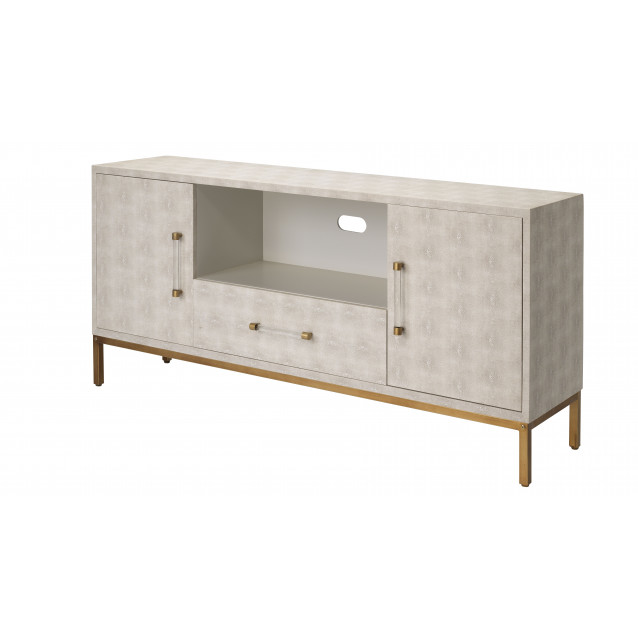 Cole Media Console Ivory Faux Shagreen & Brushed Brass Metal Legs, w/ Acrylic Handles